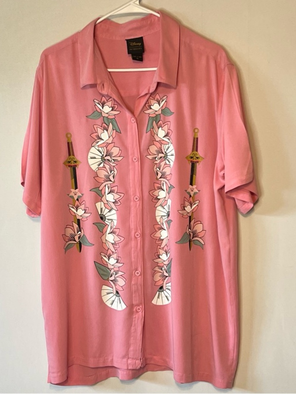 Disney Her Universe Pink Floral Dragon Sequin Mulan Shirt Button Down XL Rare.